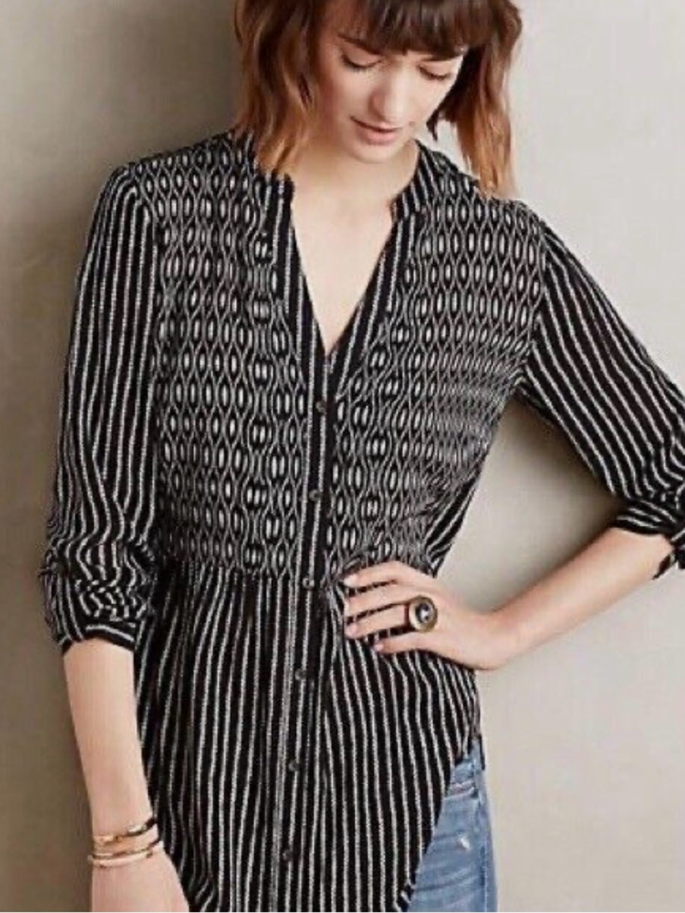 Anthropologie Black & White Patterned Button-Front Tunic